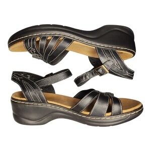 Clarks Bendables Slingback Sandals Women US 10M Black Leather Wedge Buckle Strap